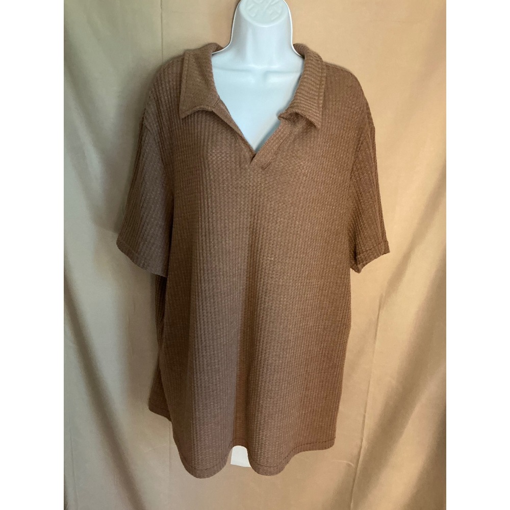 SHEIN Waffle Knit Polo Shirt Mens 3XL Brown Excellent Short Sleeve Notch Neck